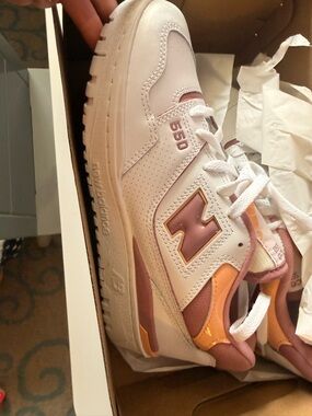 New Balance Women's White Pink and Orange 550 Sneakers